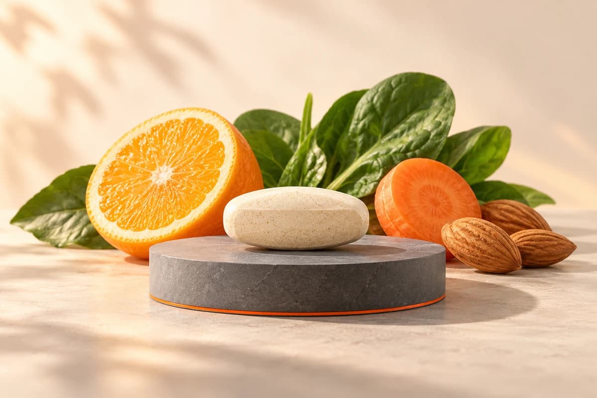Original illustration of an unbranded multivitamin tablet beside citrus, spinach, carrot and almonds; the foods do not specify its ingredients or a daily intake.