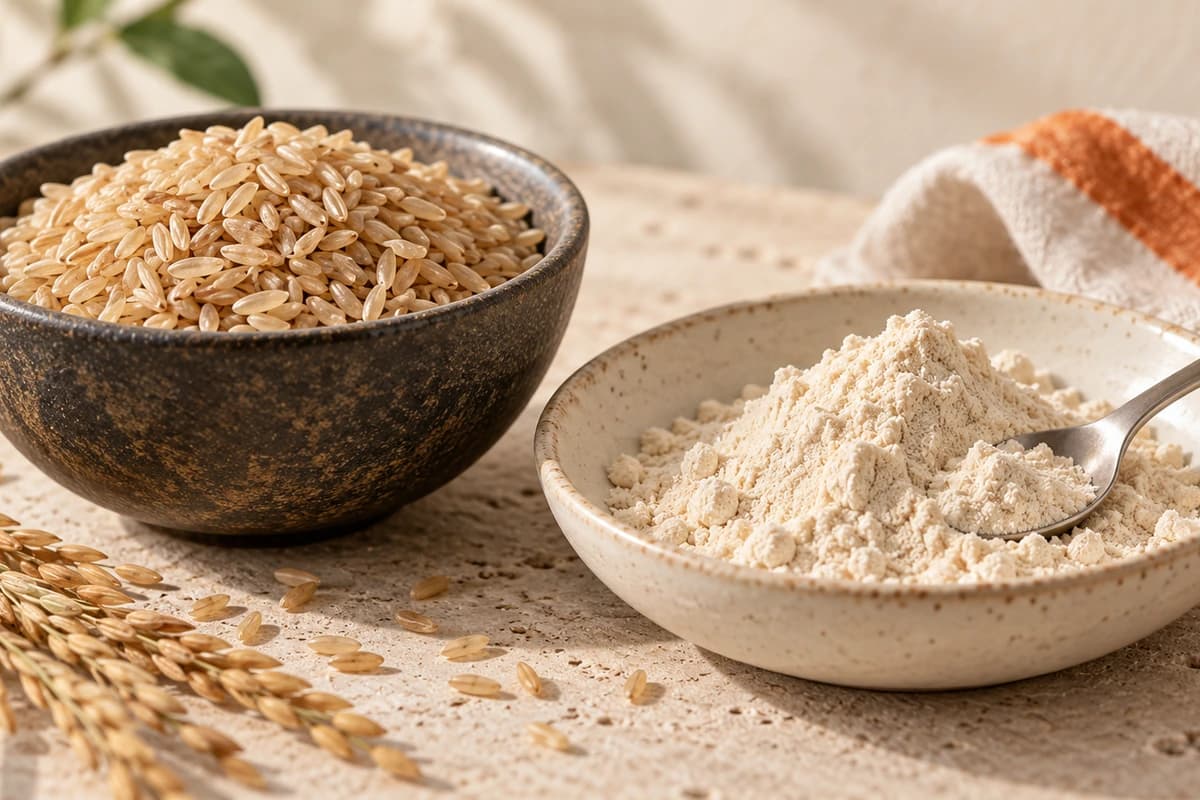 Original illustration of brown rice grains in a slate bowl beside pale rice protein powder in an ivory dish and an unmarked spoon; the pictured quantity is not a recommended serving.