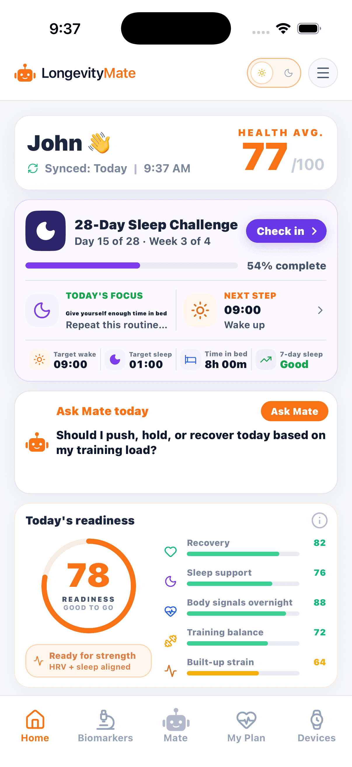 LongevityMate mobile app home screen with sleep challenge progress, an Ask Mate training load question, readiness, and navigation