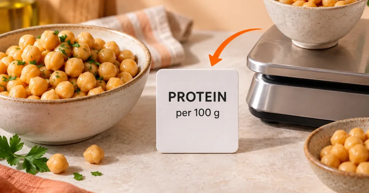 Bowls of chickpeas beside a kitchen scale and a card reading Protein per 100 g; no protein quantity is shown.