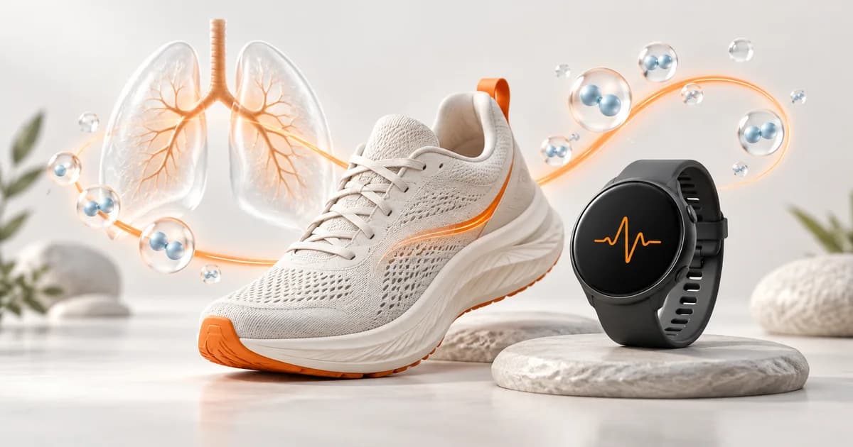 Illustration of a running shoe, sport watch, lungs and oxygen symbols representing aerobic fitness.