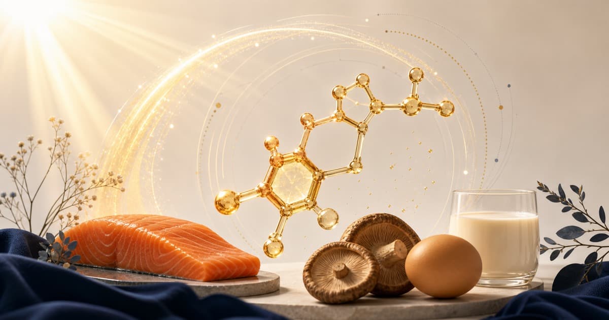 Vitamin D evidence guide with sunlight, food and supplement motifs in the LongevityMate visual style