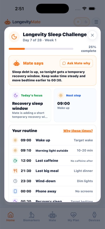LongevityMate Sleep Challenge brief on a phone