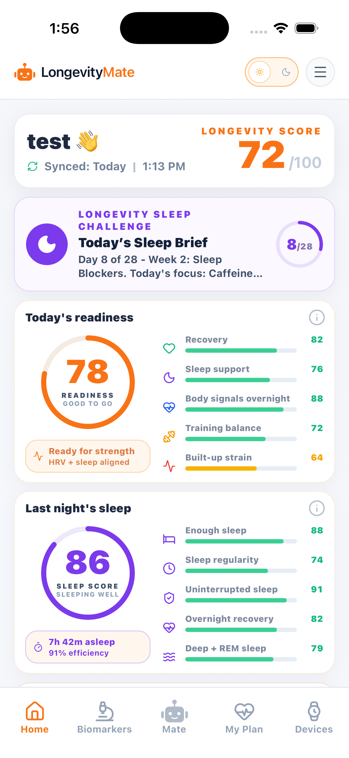 LongevityMate mobile home screen showing week two Sleep Challenge progress