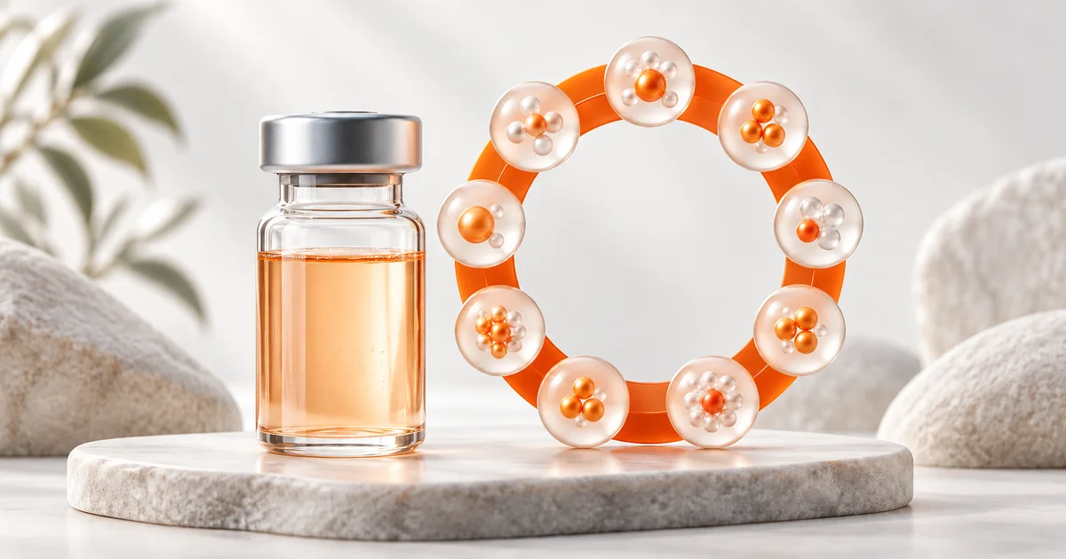 Conceptual illustration of a blood specimen beside an orange ring of abstract blood marker tokens; this is not a DNA test.