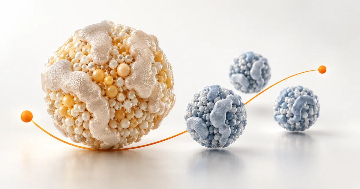 Conceptual illustration of larger and smaller lipoprotein particles beside an orange comparison curve.