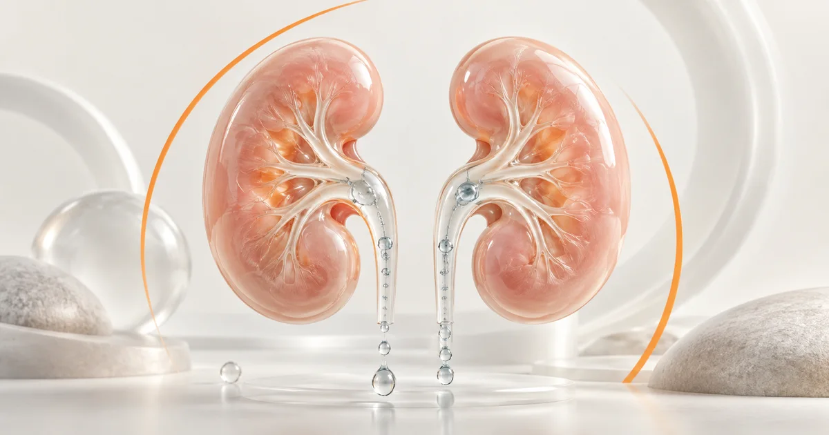 Conceptual illustration of two kidneys and fluid filtration with an orange accent.