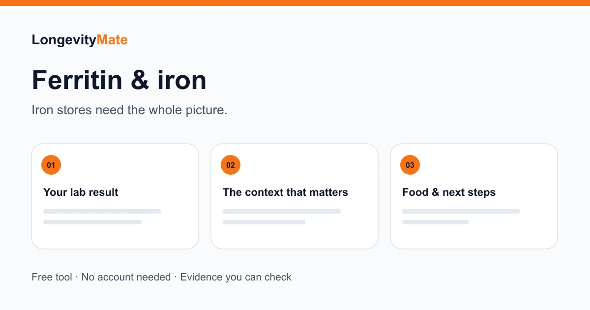 Ferritin & iron: a three-step diagram from the entered result through context to a useful next step.