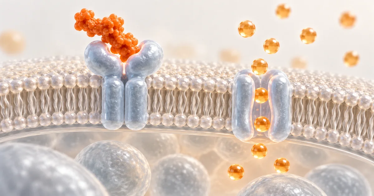 Conceptual illustration of insulin signalling and glucose near a cell membrane; not a measured result.