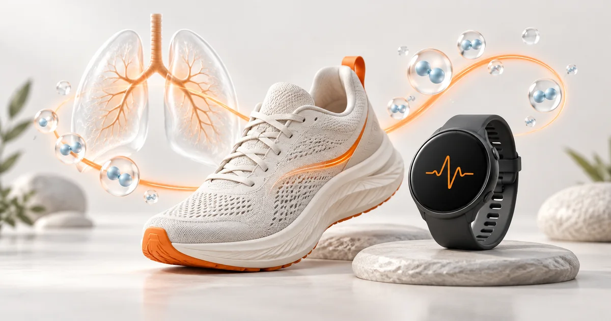 Illustration of a running shoe, sport watch, lungs and oxygen symbols representing aerobic fitness.